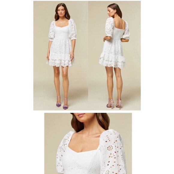 Rachel Parcel Eyelet Puff Sleeve MIDI Dress Sz L NWOT - Picture 9 of 9